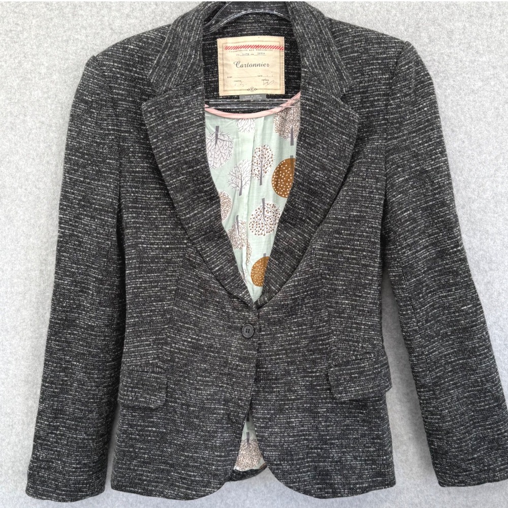 Cartonnier Anthropologie Tweed Blazer Jacket XS Tree Print Lining Career